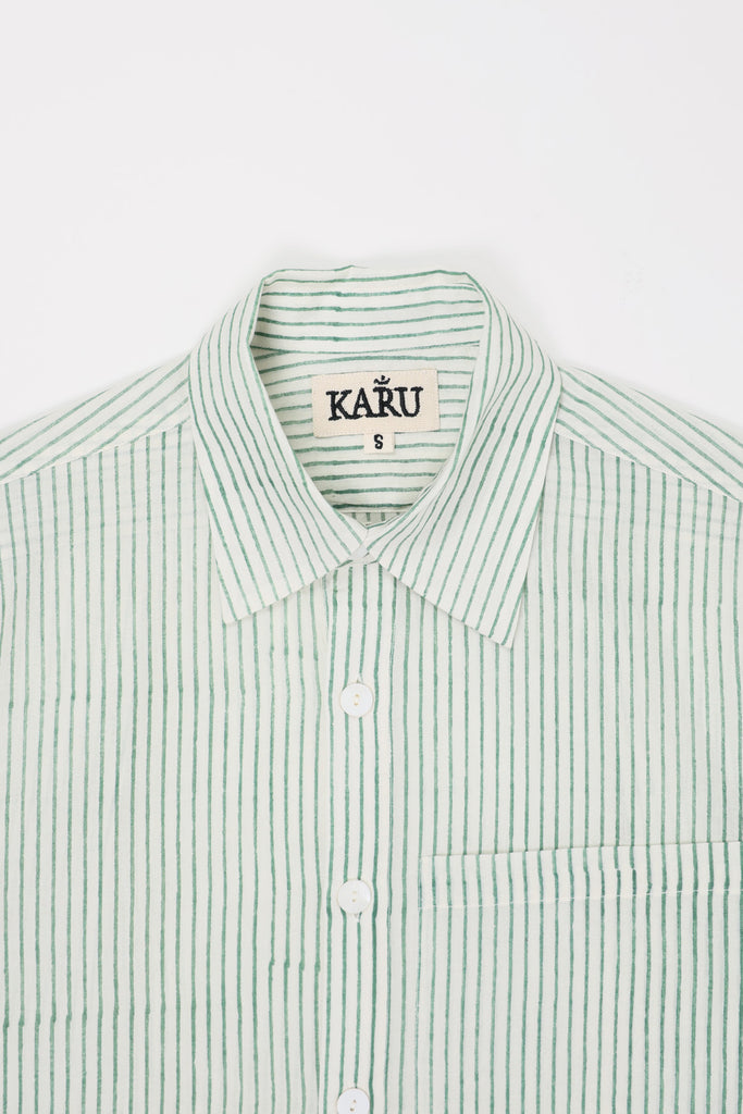 Karu Research - Block Printed Striped Shirt - White/Aquamarine - Canoe Club