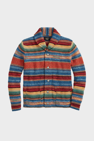 RRL Striped Shawl Collar Cardigan Indigo/Rust Multi Canoe Club
